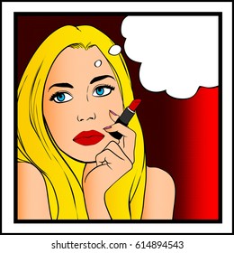 Vector frame of a comics with a blue-eyed blonde girl, a speech ballon, lipstick, halftones.