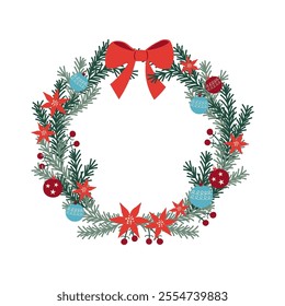 Vector frame with coniferous branches, red winter flowers star Poinsettia, Christmas tree toys. Hand drawn festive border with plants for text. For congratulations, invitations, New Year, Christmas