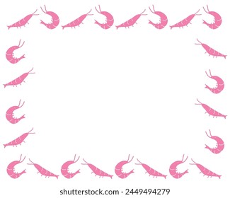 Vector frame consisting of pink shrimps. Delicacy, Arthropods, seafood. Summer food illustration isolated on white background in flat style. Menu design, Place for text