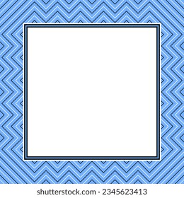 Vector frame with copy space. Abstract geometric zig zag ornament on blue background. White paper sheet in square frame.