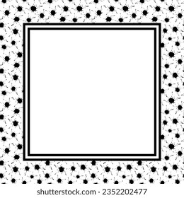 Vector frame with copy space. Abstract black ink spots on white background. White paper sheet in square frame.
