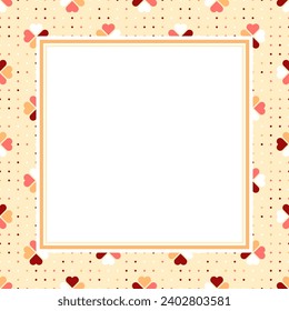 Vector frame with copy space. Red, pink and white hearts on beige dotted background. White paper sheet in square frame.