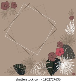 Vector frame with copy space for text  - bright banners, posters, cover design templates, social media stories wallpapers with tropical leaves and plants in minimalistic simple style