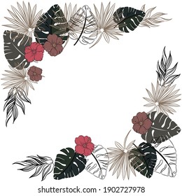 Vector frame with copy space for text  - bright banners, posters, cover design templates, social media stories wallpapers with tropical leaves and plants in minimalistic simple style