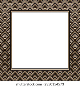 Vector frame with copy space. Traditional geometric gold ornament on black background. White paper sheet in art deco square frame.