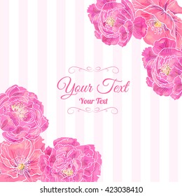 Vector frame corner pattern of pink poppies and peonies  . Invitation or greeting card design.Vector illustration . Invitation or greeting card design.Vector illustration