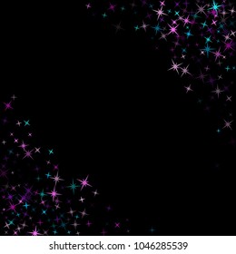 Vector frame corners of star sparkle texture glitter pattern. Colorful confetti of flying stars, magic geometric sparkles frame. Carnival party design.