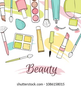 Vector frame with cosmetics. Hand-made illustration. objects on white background.