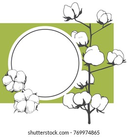 Vector frame with cotton plant flowers. Hand-drawn sketch illustration