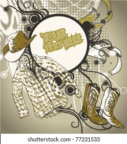 vector frame with a cowboy hat, boots and shirt on an abstract background