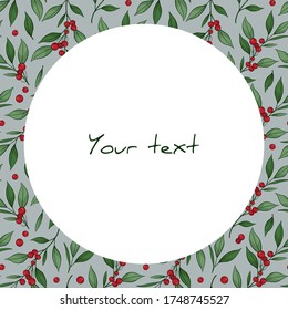 Vector frame with cranberry twigs on gray background; cute frame for greeting cards, wedding cards, invitations, posters, banners, web design.