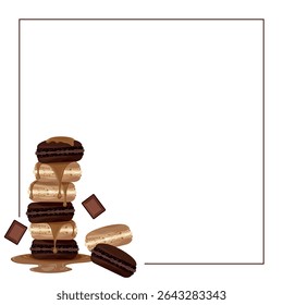Moldura vetorial com macarons cremosos e de chocolate regados com pedaços de caramelo e chocolate sobre fundo branco, com espaço vazio para seu próprio texto ou design. Ideal para vendas, banners e itens