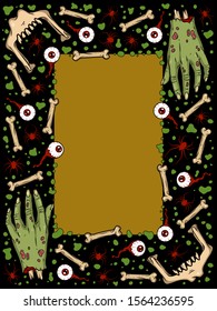 Vector frame with creepy eyes, hands, bones, spiders for spooky design, print, poster, cover, sticker, packing, article. Scary illustration for horror festival, party invitation, Halloween decoration.