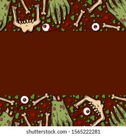 Vector frame with creepy eyes, hands, bones, spiders for spooky design, print, poster, cover, sticker, packing, article. Scary illustration for horror festival, party invitation, Halloween decoration.