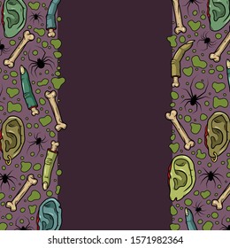 Vector frame with creepy fingers, ears, bones, spiders for scary design, print, poster, cover, sticker, packing, apparel. Spooky illustration for horror festival, party invitation, Halloween design.