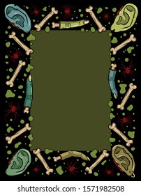 Vector frame with creepy fingers, ears, bones, spiders for scary design, print, poster, cover, sticker, packing, apparel. Spooky illustration for horror festival, party invitation, Halloween design.