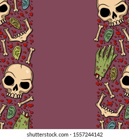 Vector frame with creepy skulls, bones, hand, blood, ears  for scary design, print, poster, cover, sticker, packing. Spooky illustration for horror festival, party invitation, Halloween decoration.