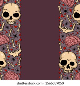Vector frame with creepy skulls, bones, brain, spiders, for spooky design, print, poster, cover, sticker, packing, t-shirt. Scary illustration for horror festival, party invitation, Halloween decor.
