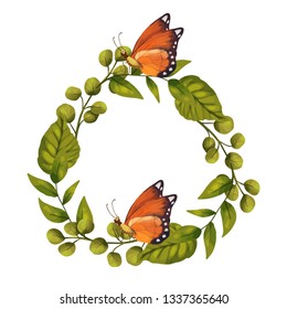 Vector frame with cute 3d insect. Illustration with garden beetles butterflies. Tropic card.