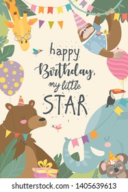 Vector frame with cute animals celebrating Birthday