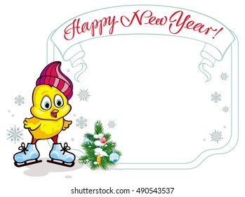 Vector frame with cute chicken in funny hat ice skating. Winter holiday illustration with Christmas tree.