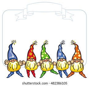Vector frame with cute gnomes in colorful caps. Funny background for decorations, greetings cards and other design artworks.