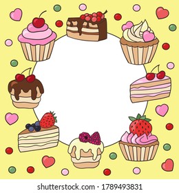 Marco vectorial con adorables quequitos dulces y pasteles con bayas en el fondo amarillo