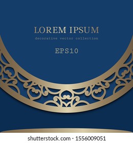 Vector frame with cutout paper border pattern, ornamental round decoration for wedding invitation card with place for text, swirly vector template for laser cutting.