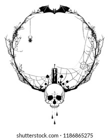 vector frame with death head , candle, bat, spiderweb and mushrooms in black and white