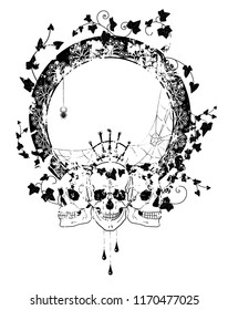 vector frame with death's heads in crown, spiderweb and ivy in black and white