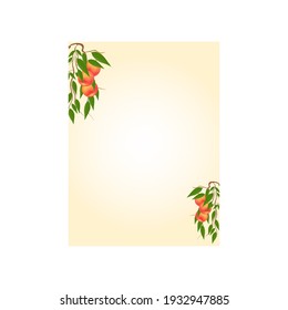 Vector frame decorated with peach branches with green leaves on a light beige background. Postcard, invitation, etc. For various purposes of design.