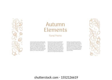 Vector frame, decoration with autumn oak leaves, acorns. Pattern in line art style, isolated. Outline, linear vintage drawing botanical  illustration. Autumnal leaves, elements for design template