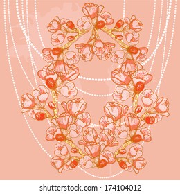 vector frame of delicate spring cherry flowers on branches on background with pearl threads and splashes