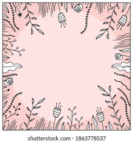 Vector frame with delicate wildflowers on a pink background. Hand-drawn flowers, leaves, stems, and herbs. Perfect for invitation,  cards, and gift certificates.