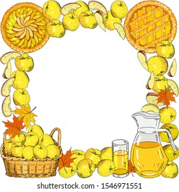 Vector frame with delicious apples fruit, slices, pitcher, basket.  Hand drawn vintage wreath, border, background, banner.  Card illustration for packaging design food, juice, jam, ice cream,smoothies