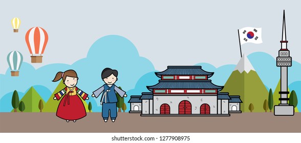 vector frame design about cute character of Korean and famous place in Korea.