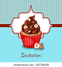 Vector frame design with chocolate cupcake and hazelnuts