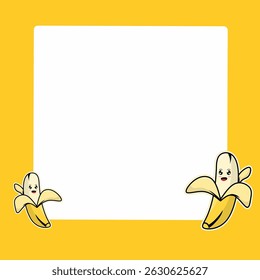 Vector frame design with cute cartoon banana illustration on the left and right bottom corners, and empty area in the middle for text or image