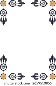 Projeto de quadro vetorial com pegadores de sonhos e penas, ideal para convites de estilo boho ou projetos temáticos espirituais.