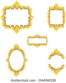 Vector frame design element set. Stones for gaming user interface. Buttons and borders design. Golden shiny stones