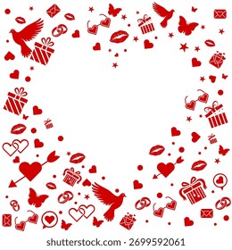 Projeto de moldura vetorial com corações, anéis de noivado e caixas de presente, organizado para criar um quadro em forma de coração para uso em convites de casamento e mídia digital com tema de amor.