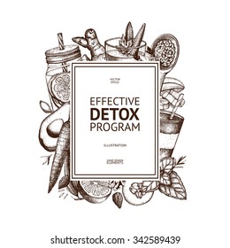 Vector frame design with hand drawn detox illustration. Organic food sketch background. Effective diet ingredients. Vintage template