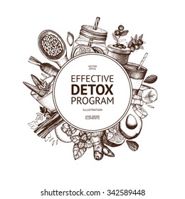 Vector frame design with hand drawn detox illustration. Organic food sketch background. Effective diet ingredients. Vintage template