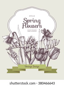 Vector frame design with hand drawn spring flowers sketch. Decorative background with vintage flowers for greeting card or invitation. 