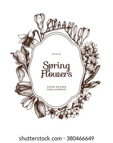 Vector frame design with hand drawn spring flowers sketch isolated on white. Decorative background with vintage flowers for greeting card or invitation. 