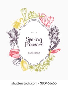 Vector frame design with hand drawn spring flowers sketch isolated on white. Decorative background with vintage flowers for greeting card or invitation. 