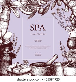 Vector frame design with hand drawn Spa illustration. Healh care sketch background with natural cosmetics elements and ingredients. Vintage template for your beauty salon