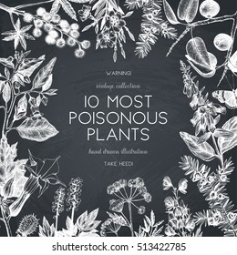 Vector frame design with hand drawn poisonous plants illustration. Vintage noxious plants sketch background. Botanical template with poisonous flowers on chalkboard