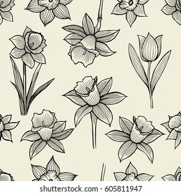 Vector frame design with hand drawn spring flowers sketch isolated on white. Decorative background with vintage flowers for greeting card or invitation.