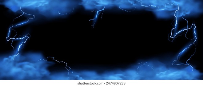 Vector frame design made of stormy blue sky with smoke and fog effects, accentuated by the radiance of branched lightning to create spectacular background images.